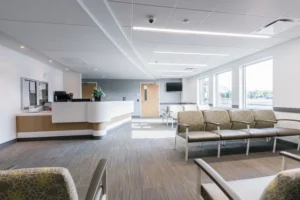 A clean, bright, and welcoming waiting area at an oral surgery practice.